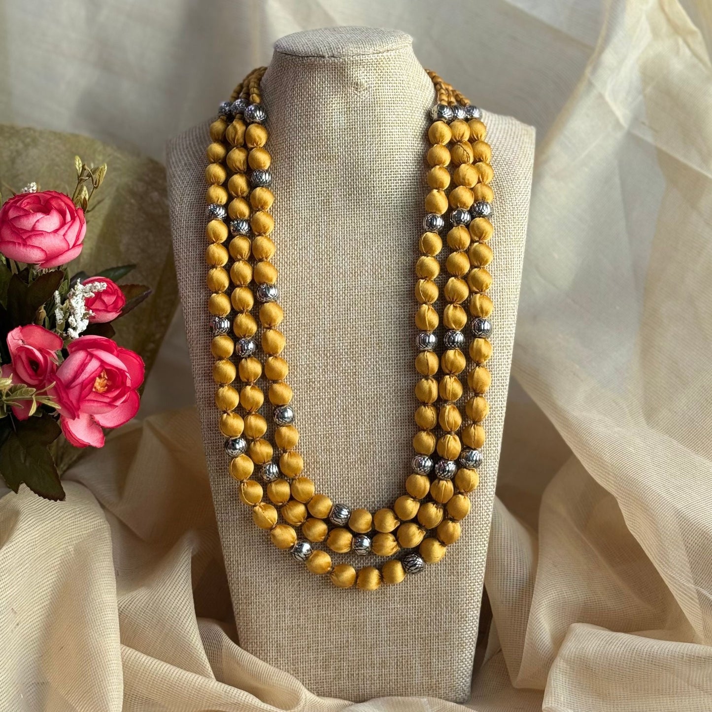 3 Layer Fabric Beaded Necklace in satin