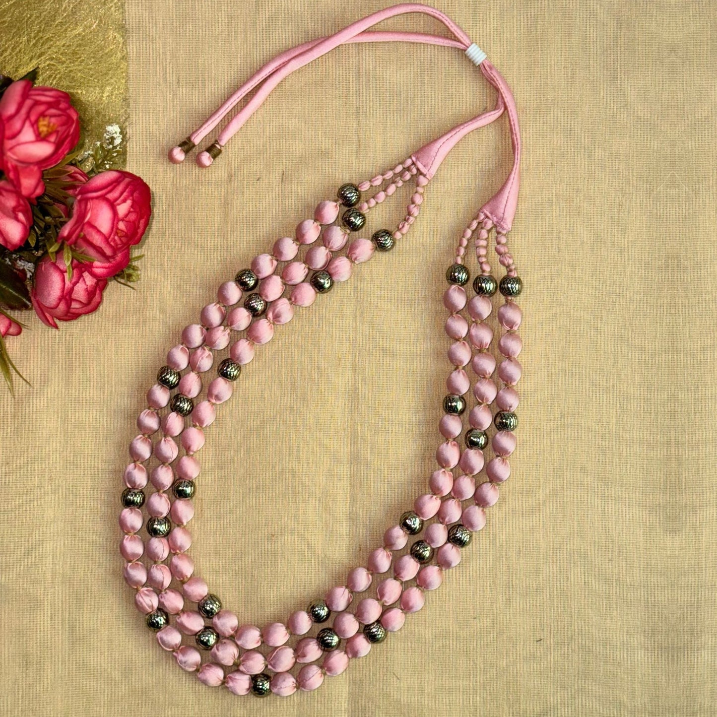 3 Layer Fabric Beaded Necklace in satin