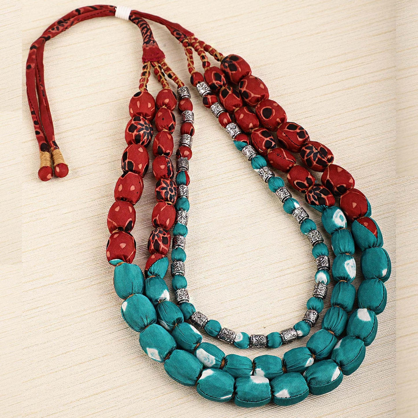 3 layer fabric beaded necklace in ajrakh & bandhni