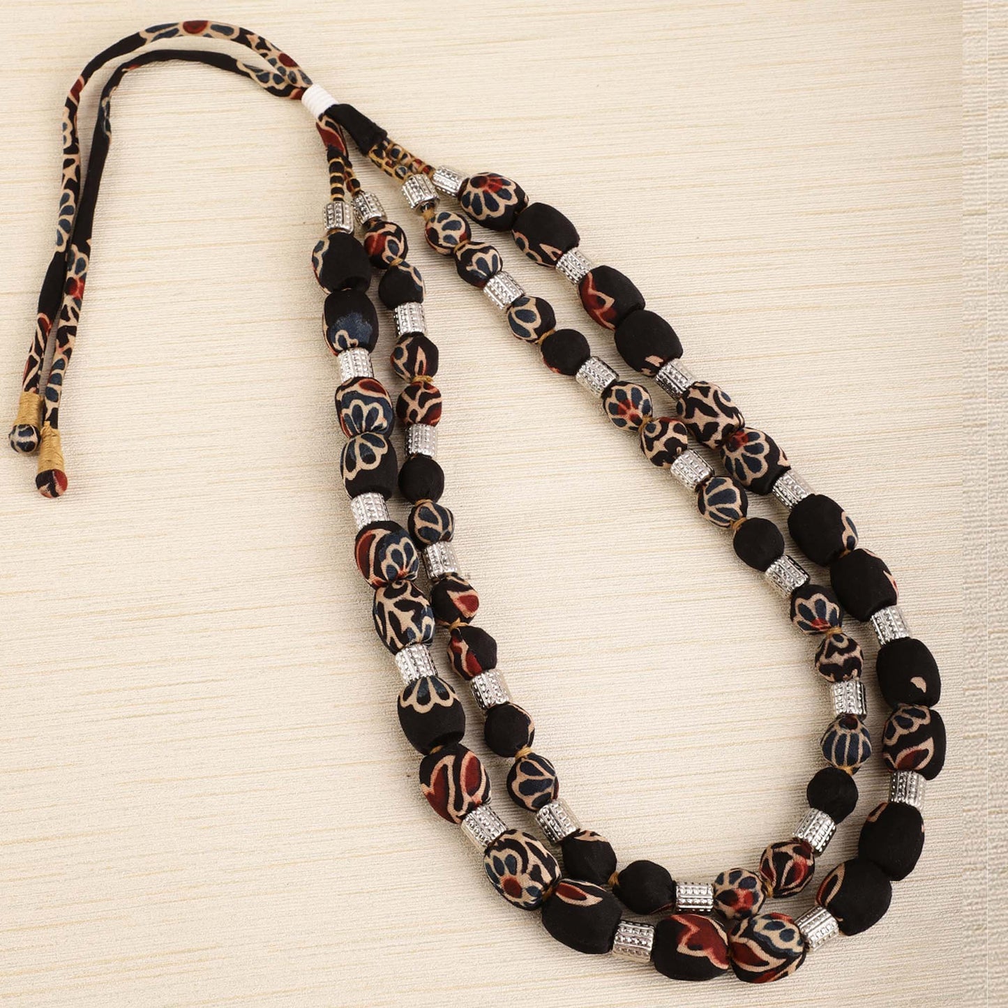 2 layer fabric beaded necklace in ajrakh silk