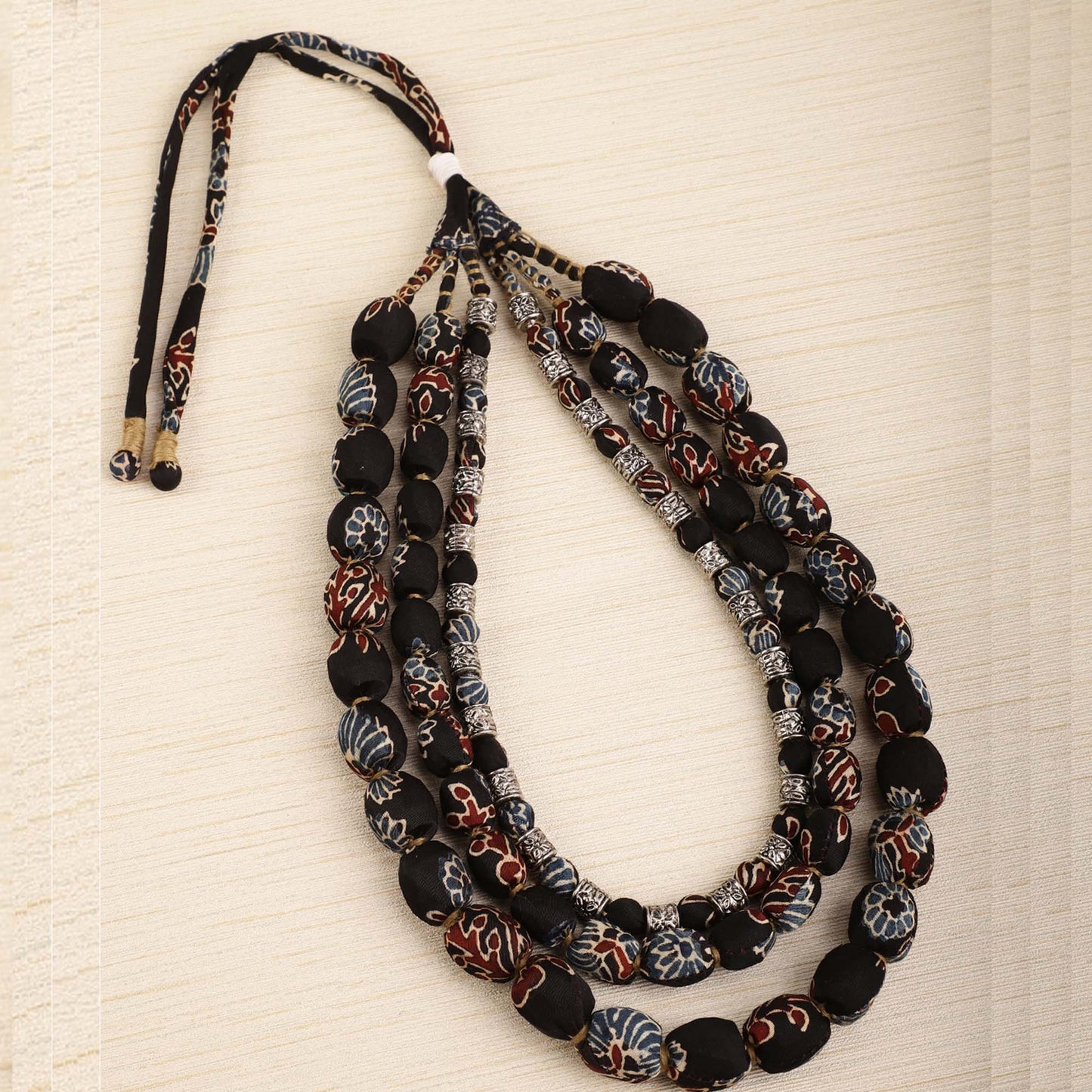 3 layer fabric beaded necklace in ajrakh silk