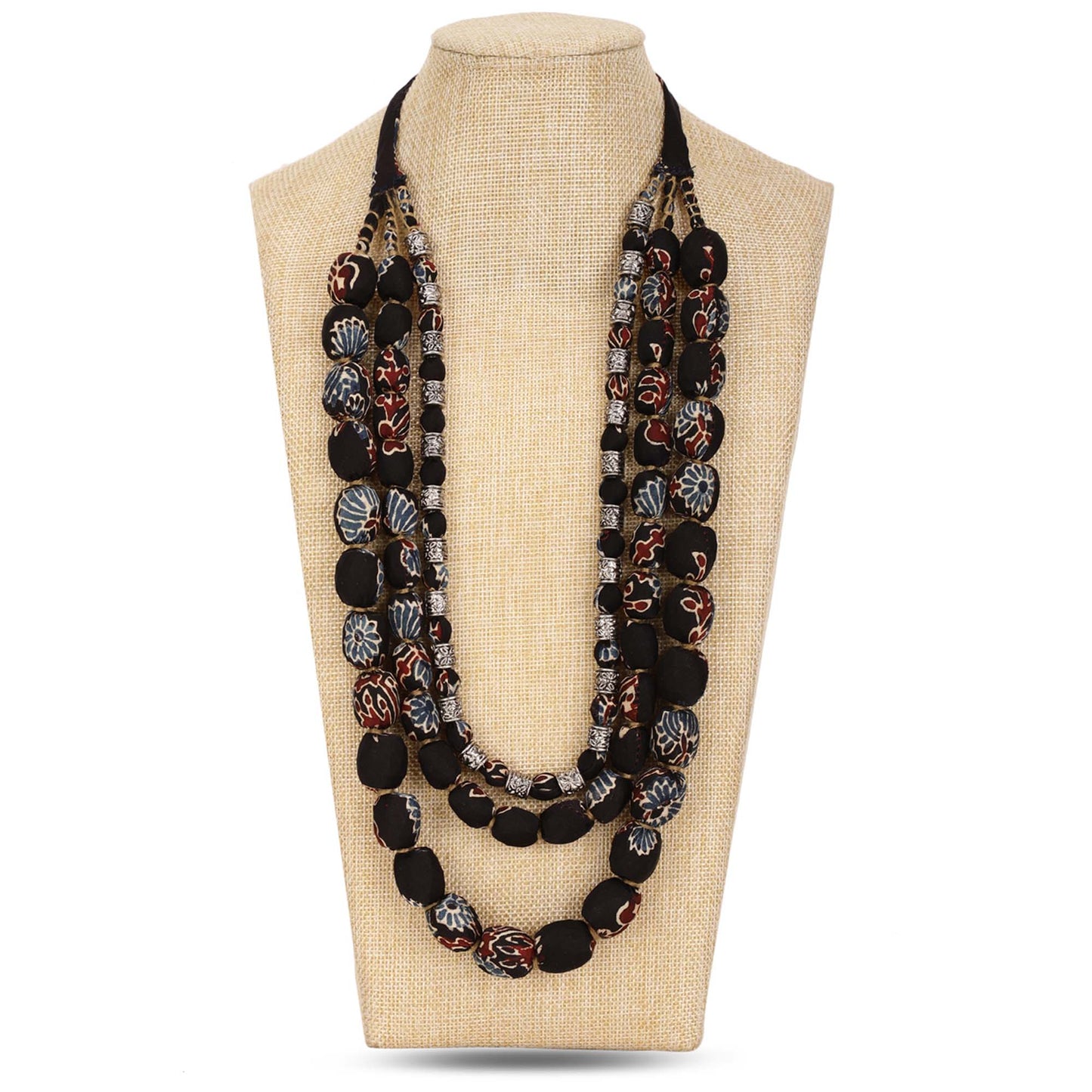 3 layer fabric beaded necklace in ajrakh silk
