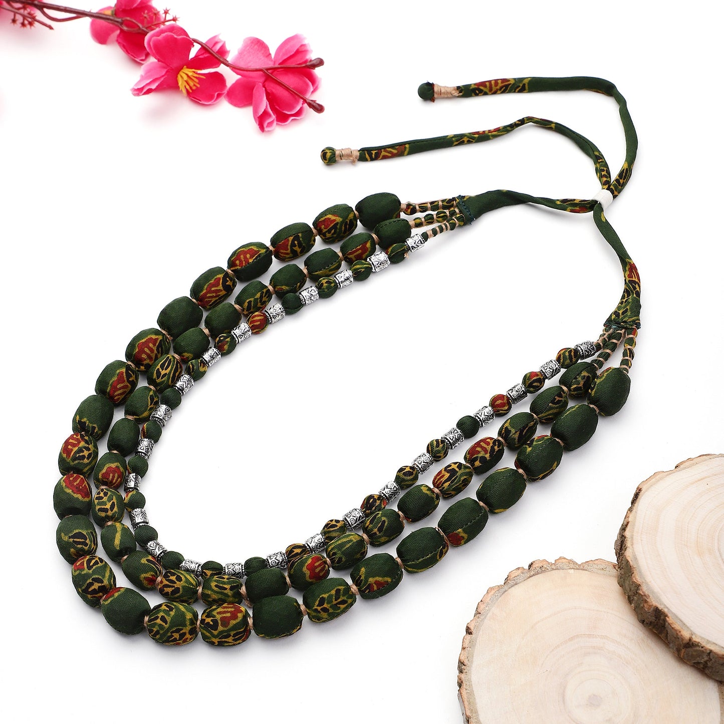 3 layer fabric beaded necklace in ajrakh silk