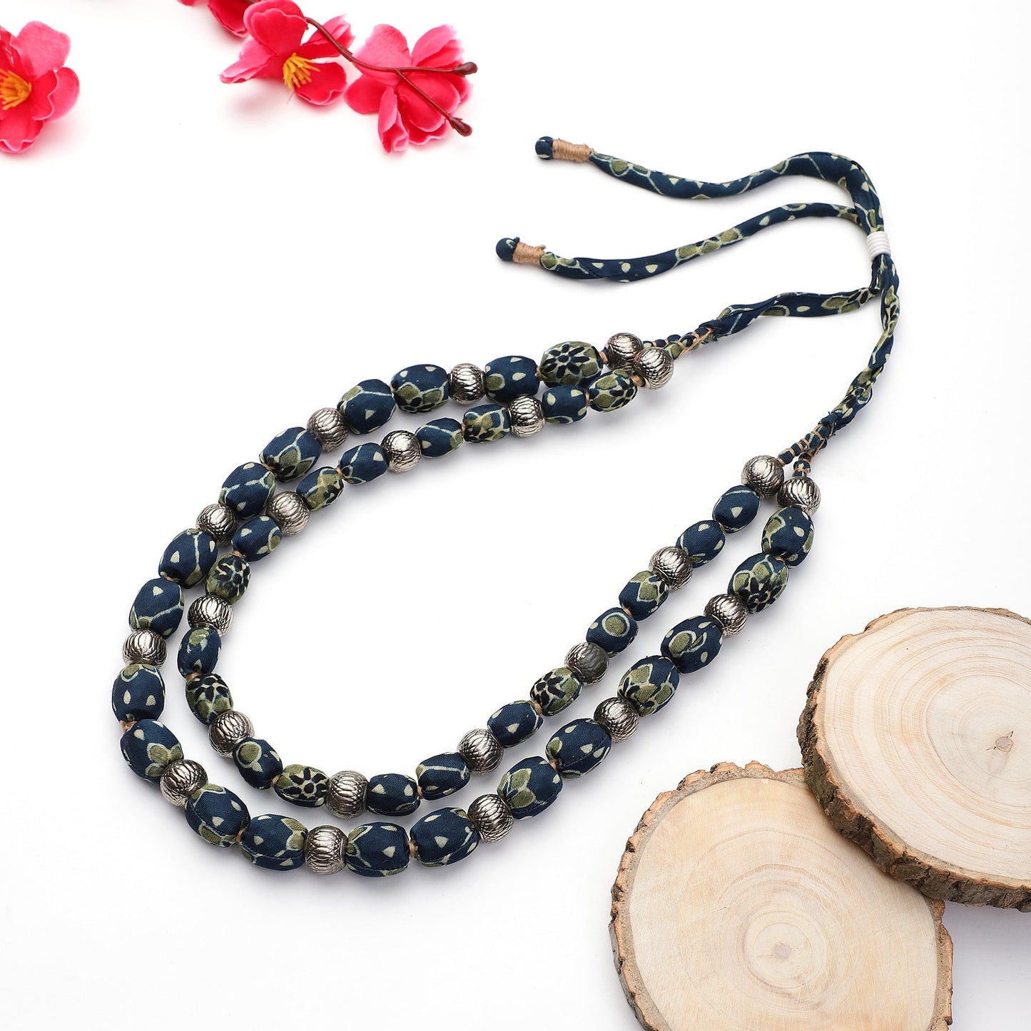 2 layer fabric beaded necklace in ajrakh silk
