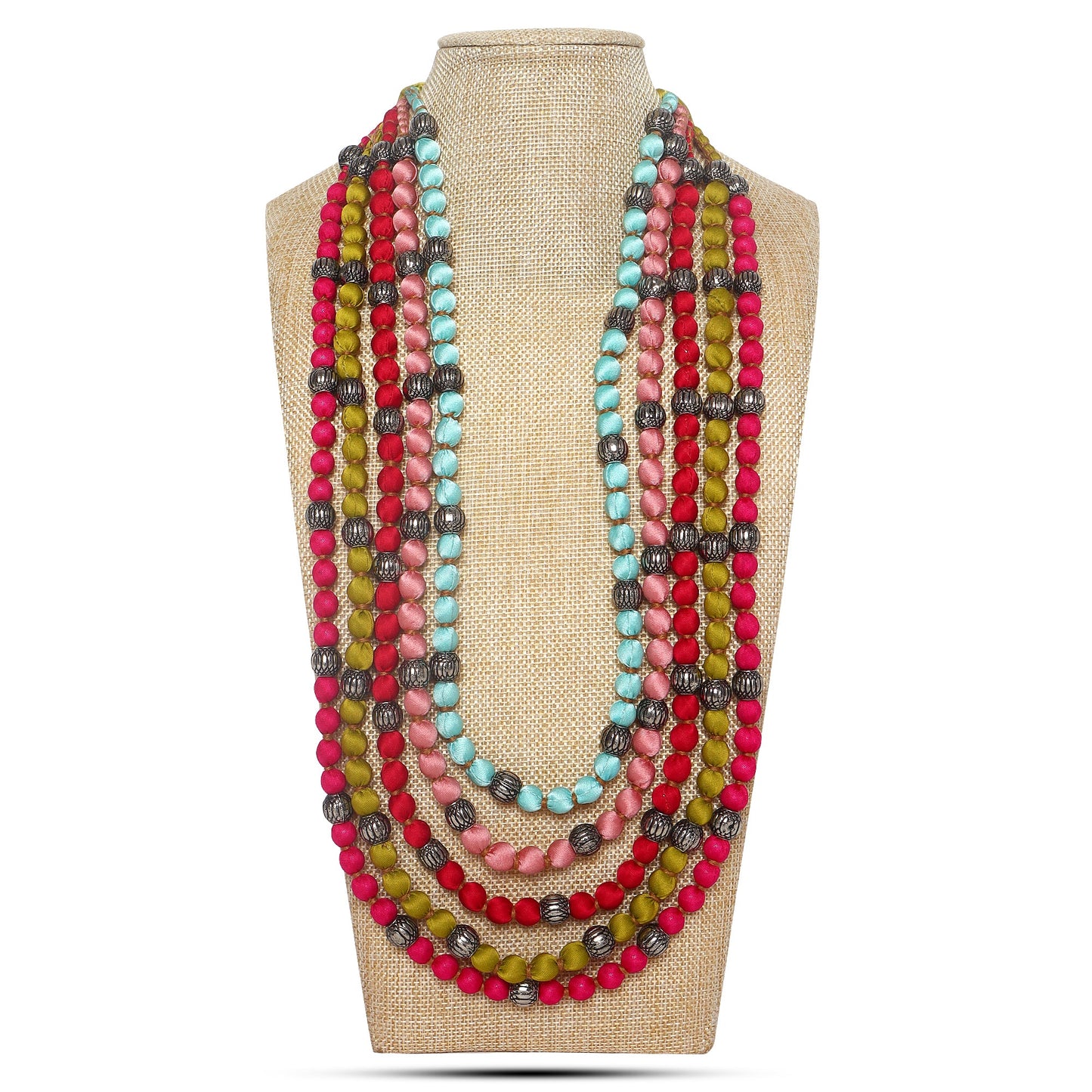 5 layer fabric beaded necklace in silk