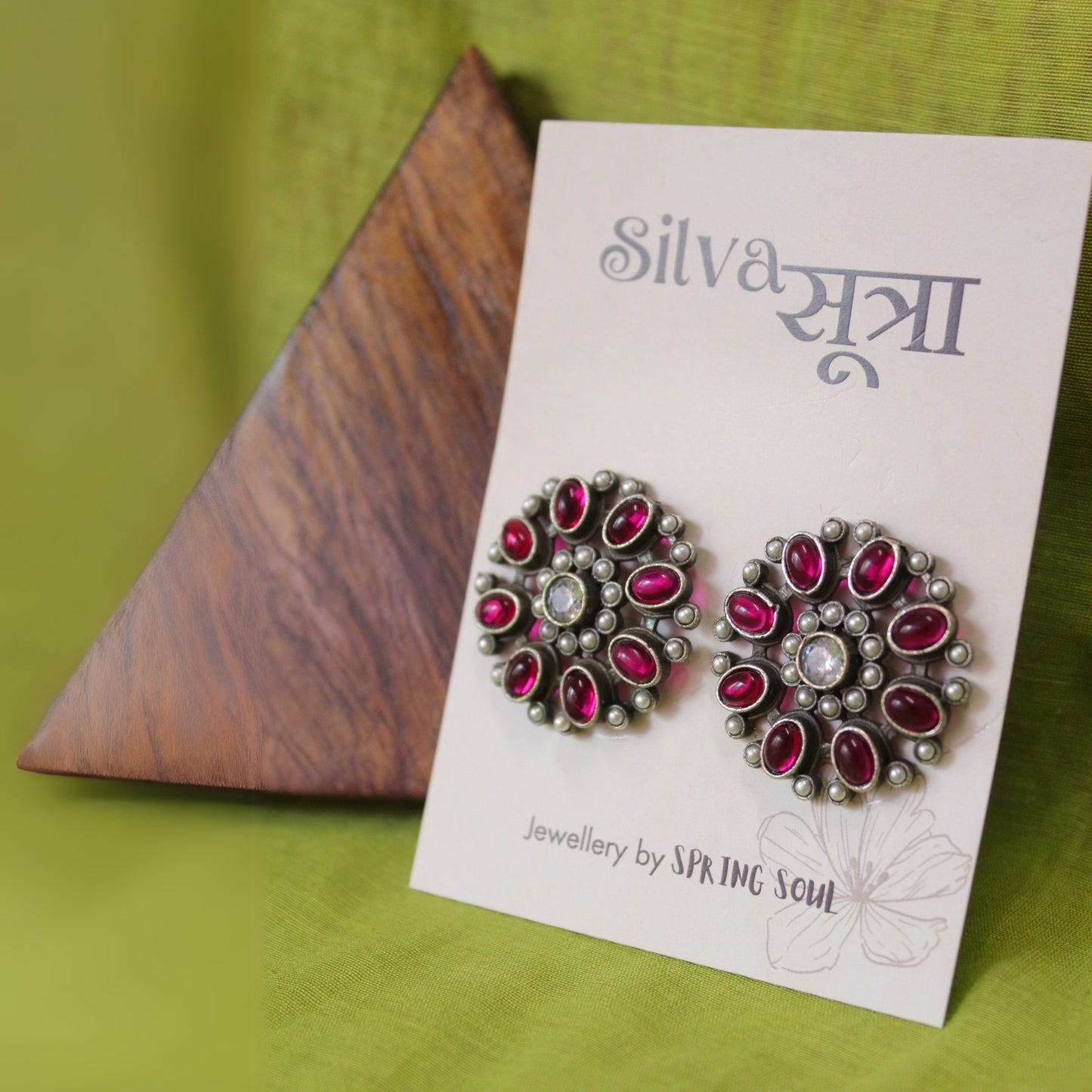 Silva Sutra Crimson Silver Flower Studs