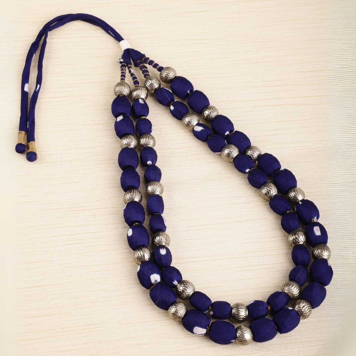 2 layer fabric beaded necklace in bandhni