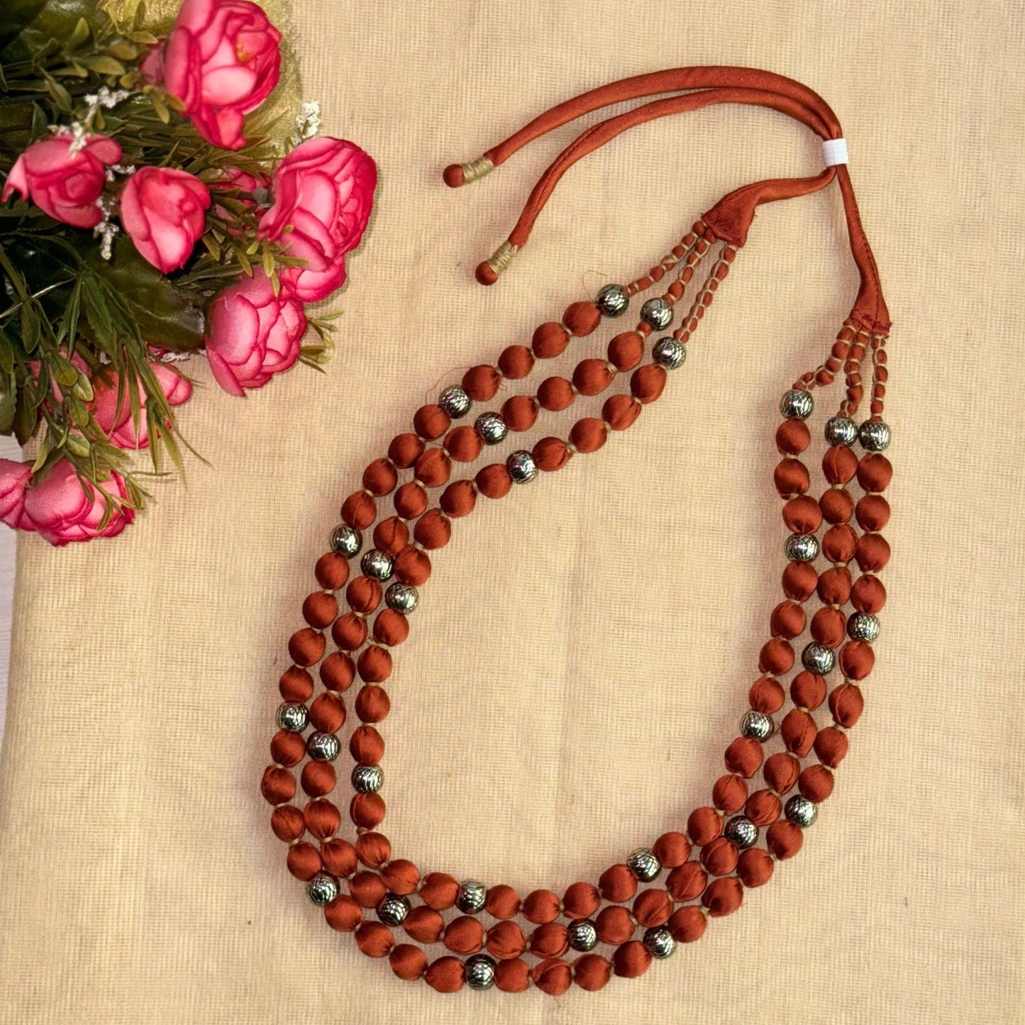 3 Layer Fabric Beaded Necklace in satin