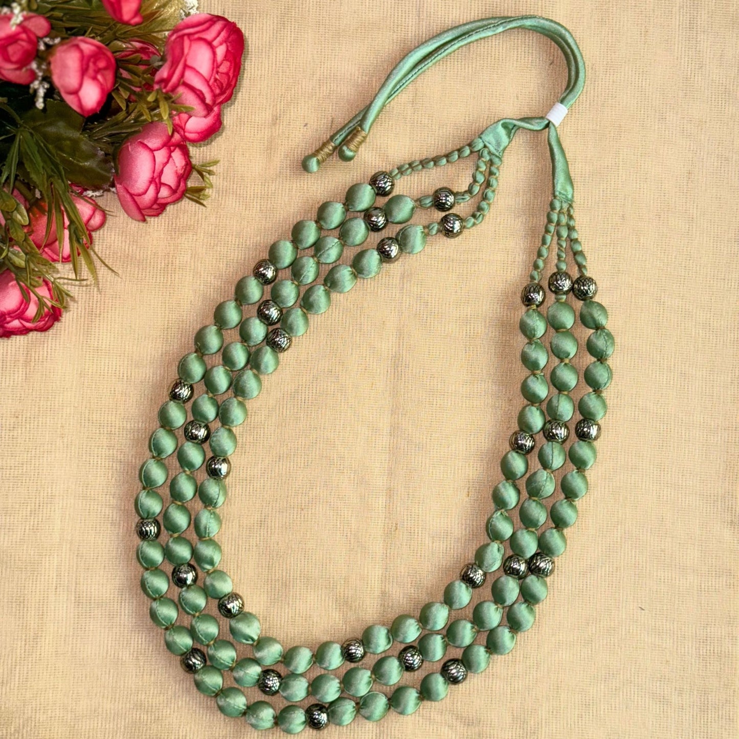 3 Layer Fabric Beaded Necklace in satin