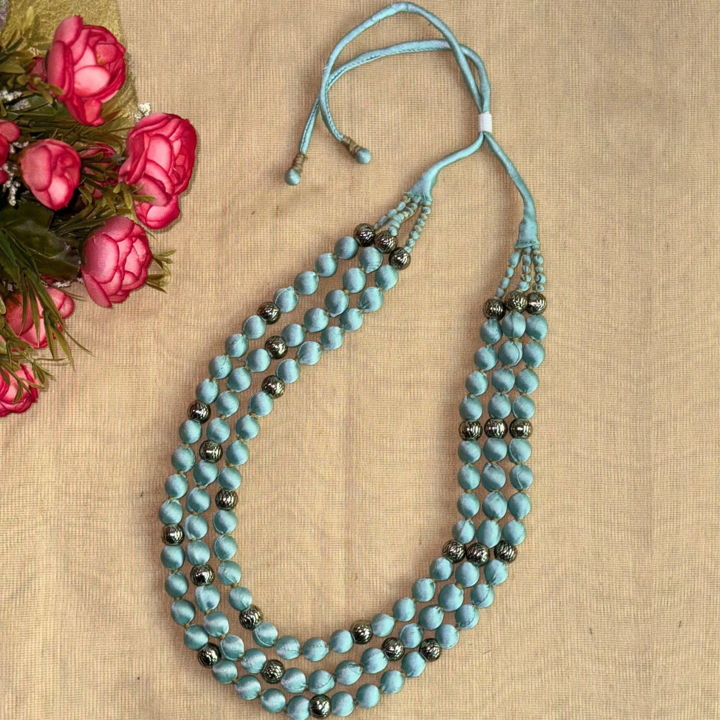 3 Layer Fabric Beaded Necklace in satin