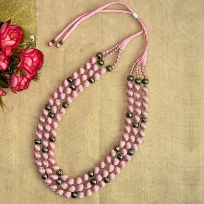 3 Layer Fabric Beaded Necklace in satin