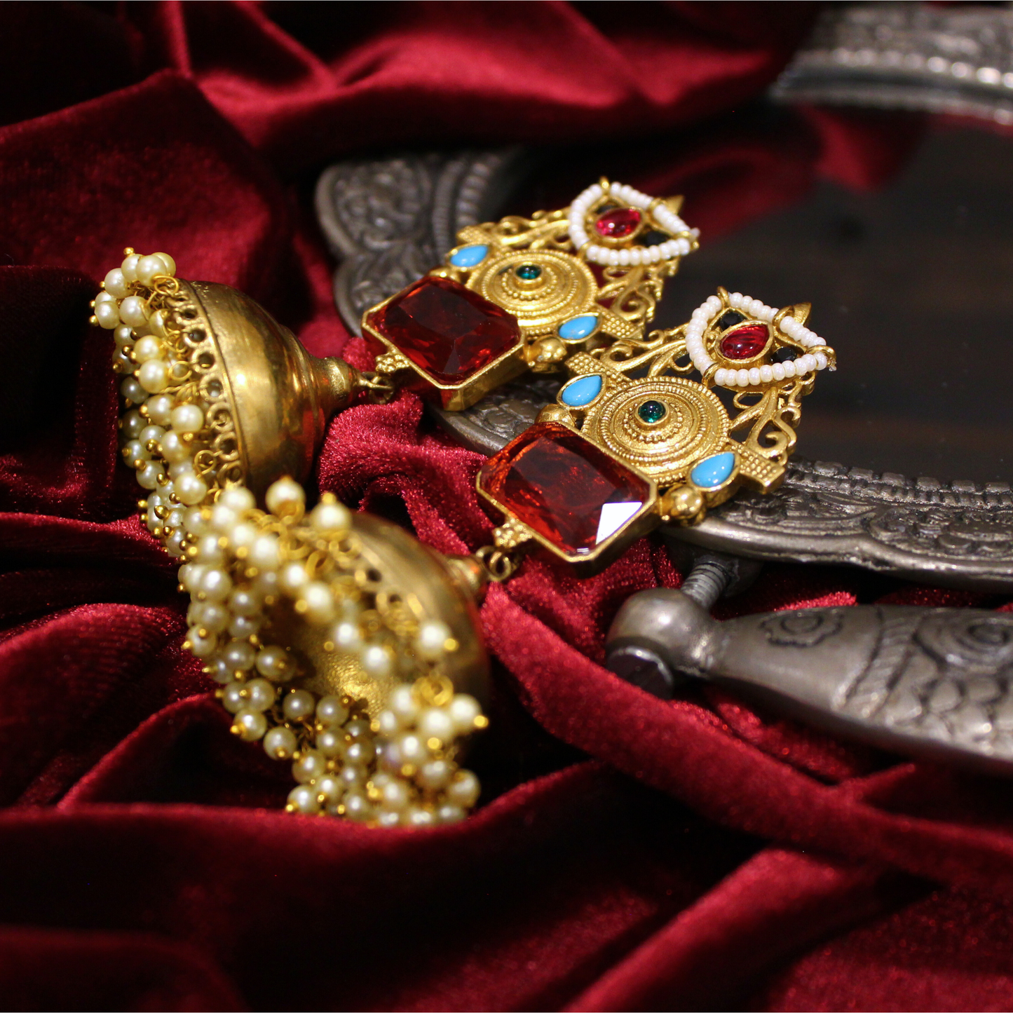 Regal Ruby Gold Jhumka Earrings