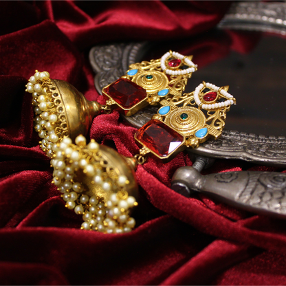 Regal Ruby Gold Jhumka Earrings