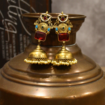 Regal Ruby Gold Jhumka Earrings