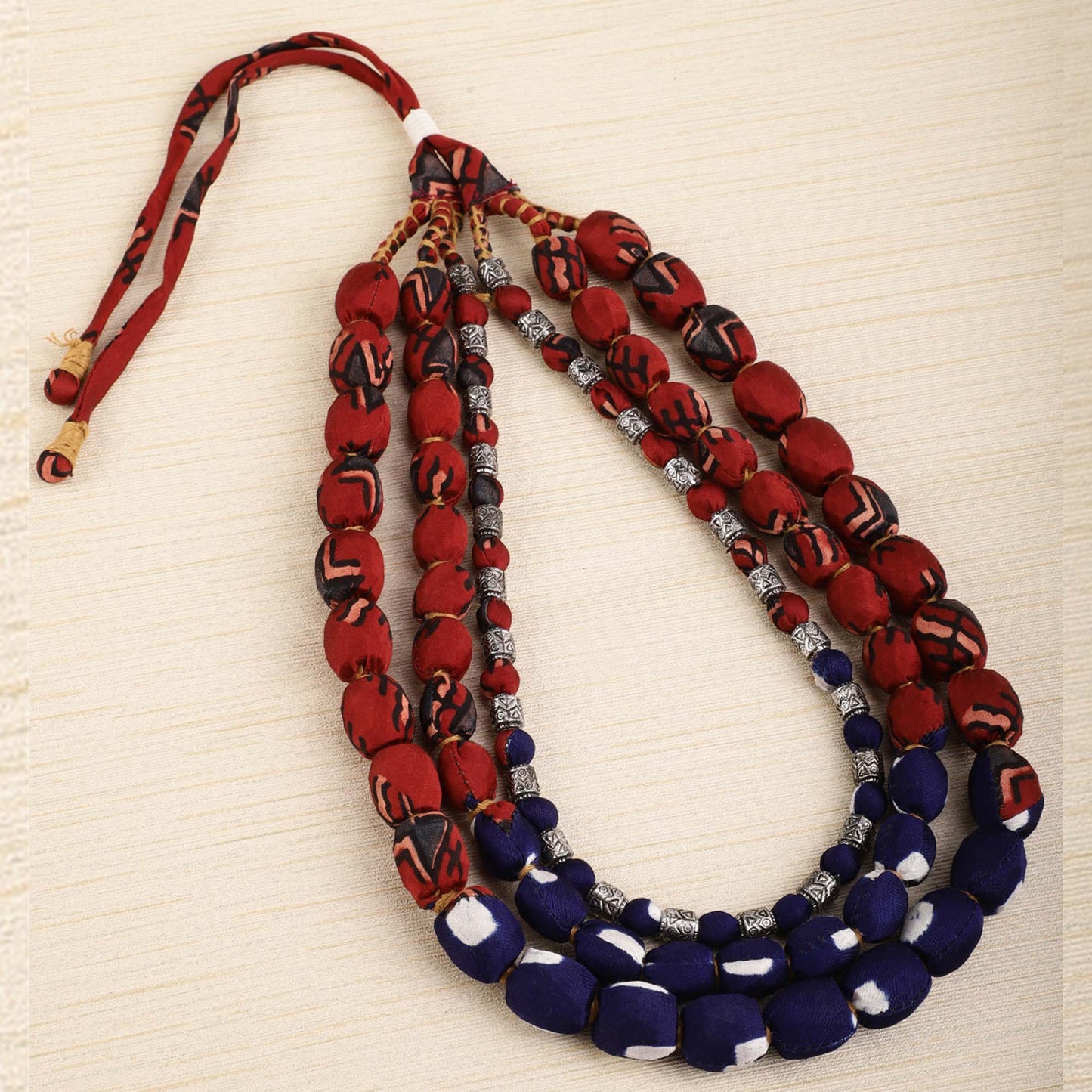 3 layer fabric beaded necklace in ajrakh & bandhni