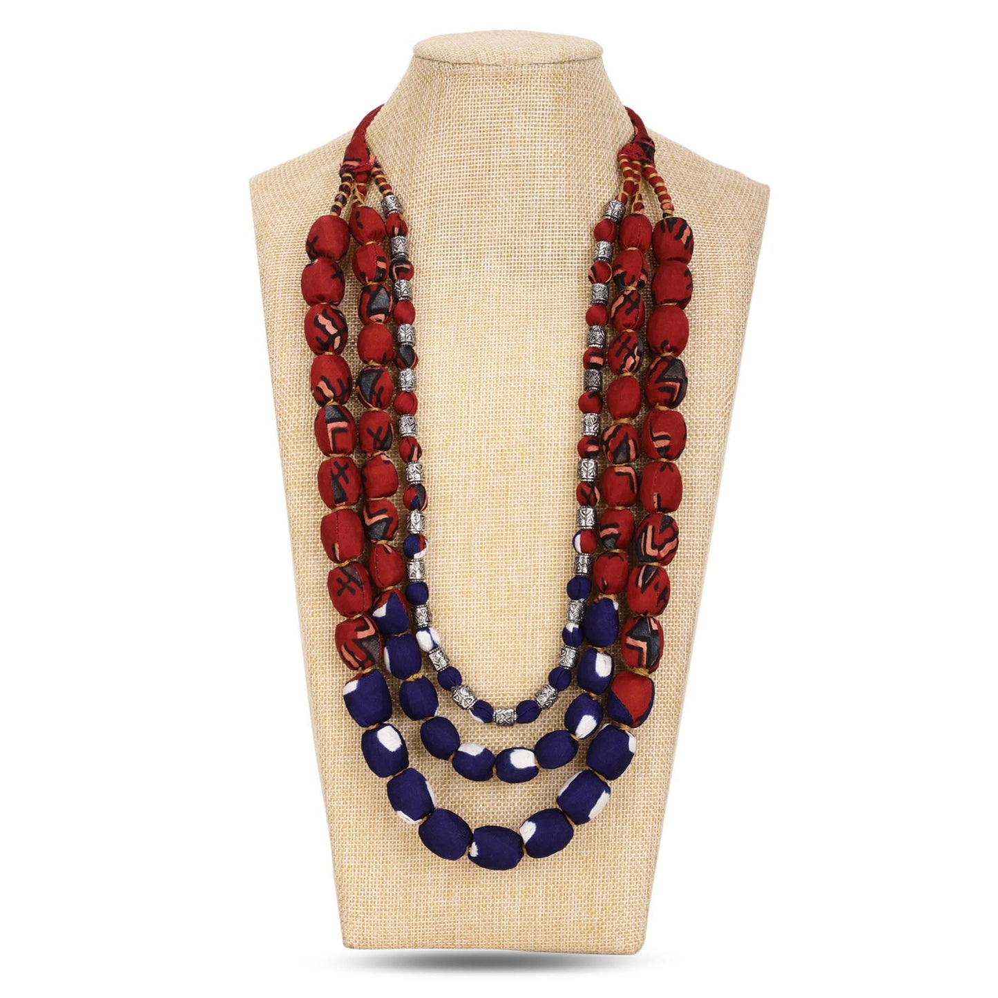 3 layer fabric beaded necklace in ajrakh & bandhni