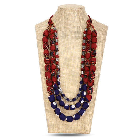 3 layer fabric beaded necklace in ajrakh & bandhni