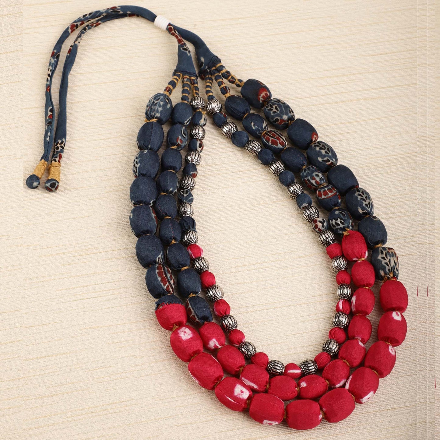 3 layer fabric beaded necklace in ajrakh & bandhni