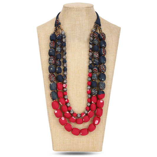 3 layer fabric beaded necklace in ajrakh & bandhni