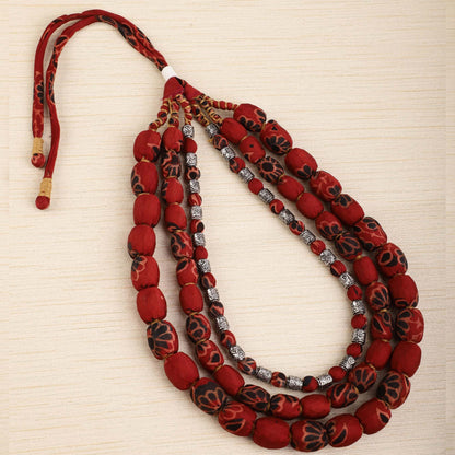 3 layer fabric beaded necklace in ajrakh silk