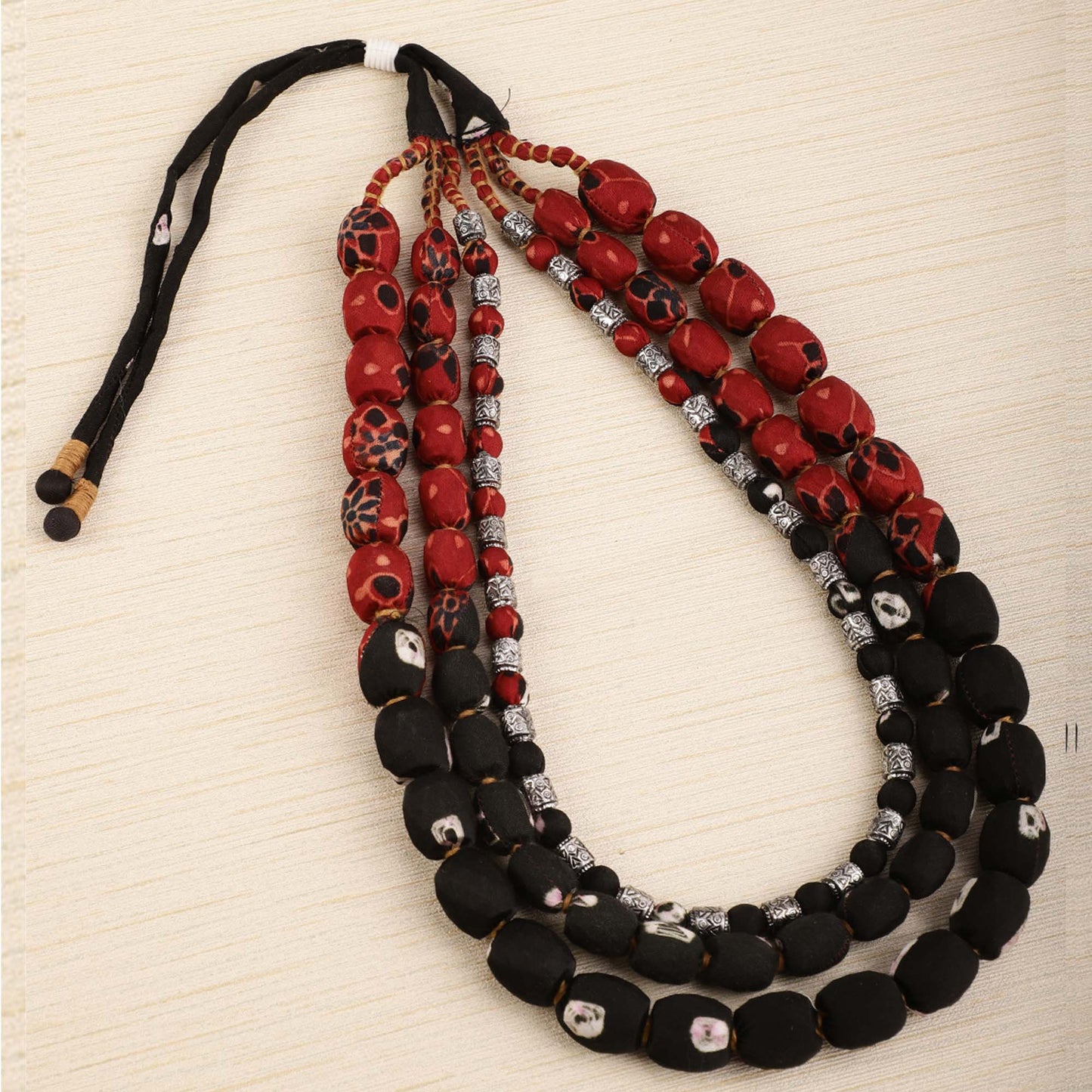 3 layer fabric beaded necklace in ajrakh & bandhni