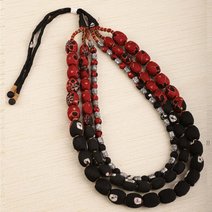 3 layer fabric beaded necklace in ajrakh & bandhni