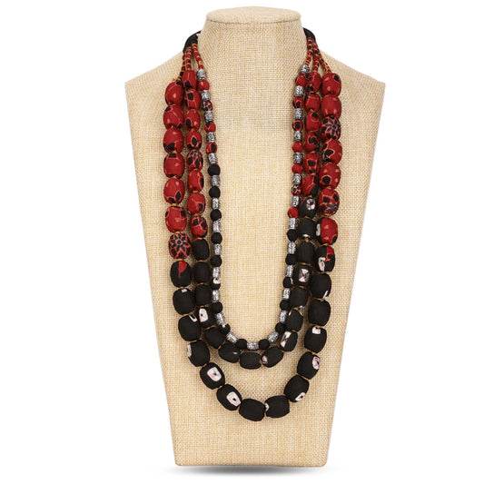 3 layer fabric beaded necklace in ajrakh & bandhni
