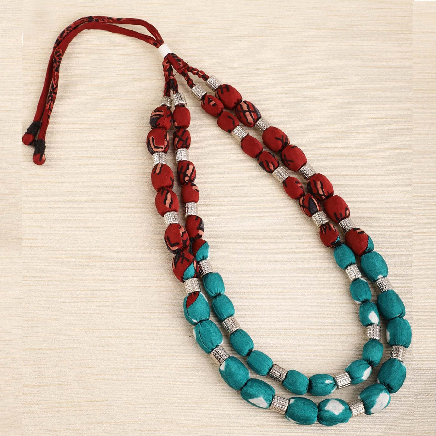 2 layer fabric beaded necklace in ajrakh & bandhni