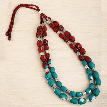 2 layer fabric beaded necklace in ajrakh & bandhni