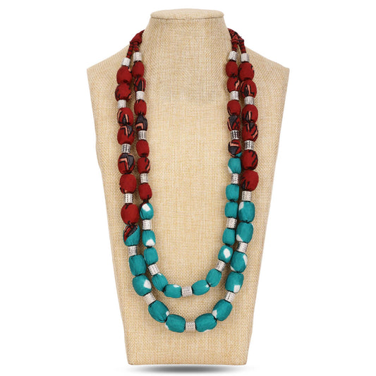 2 layer fabric beaded necklace in ajrakh & bandhni