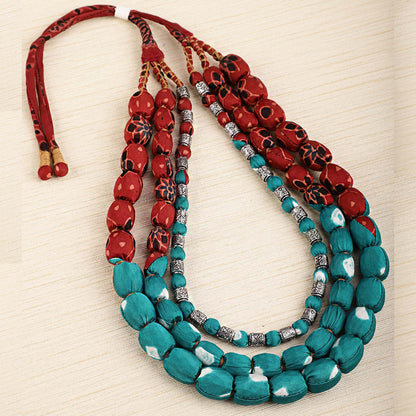 3 layer fabric beaded necklace in ajrakh & bandhni