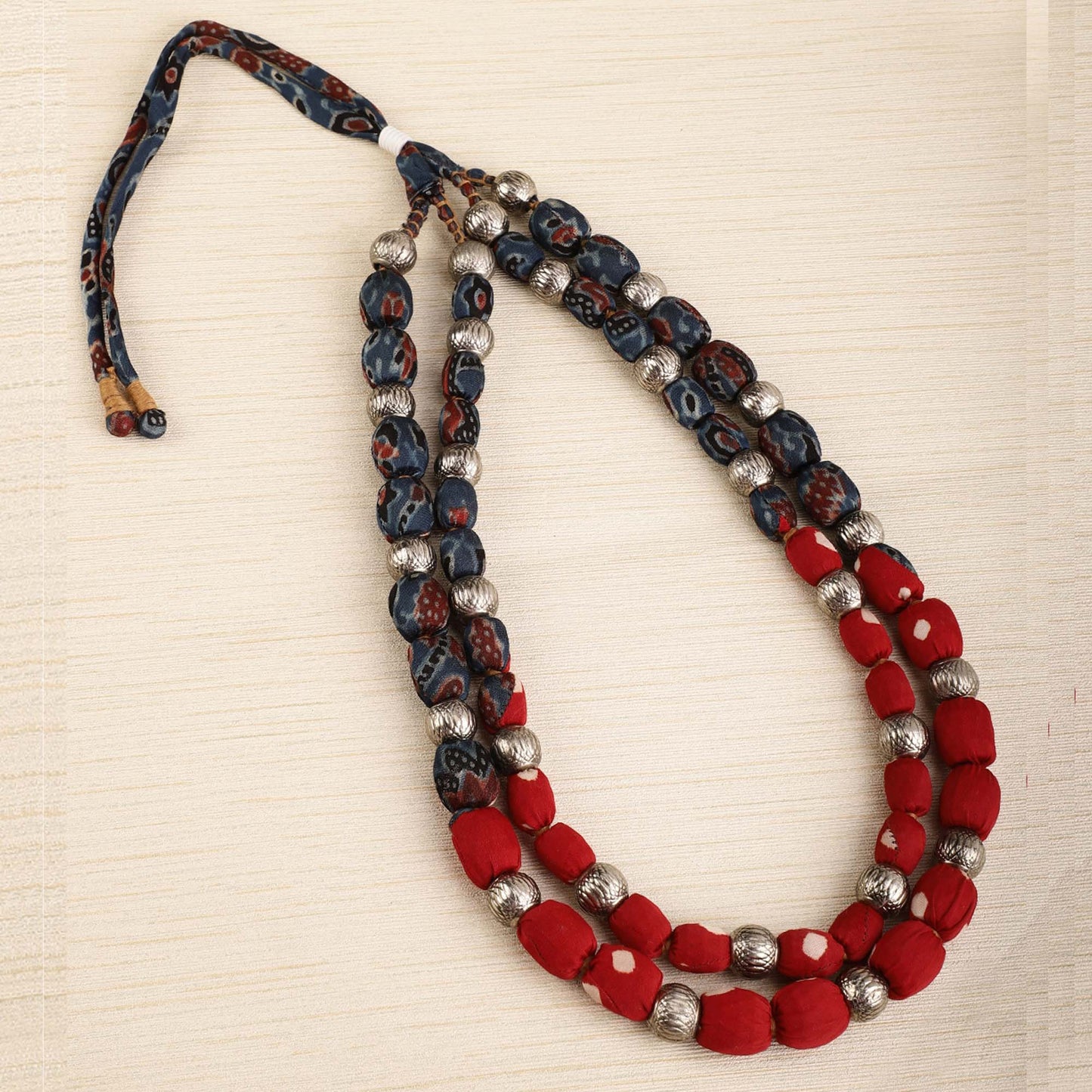 2 layer fabric beaded necklace in ajrakh & bandhni