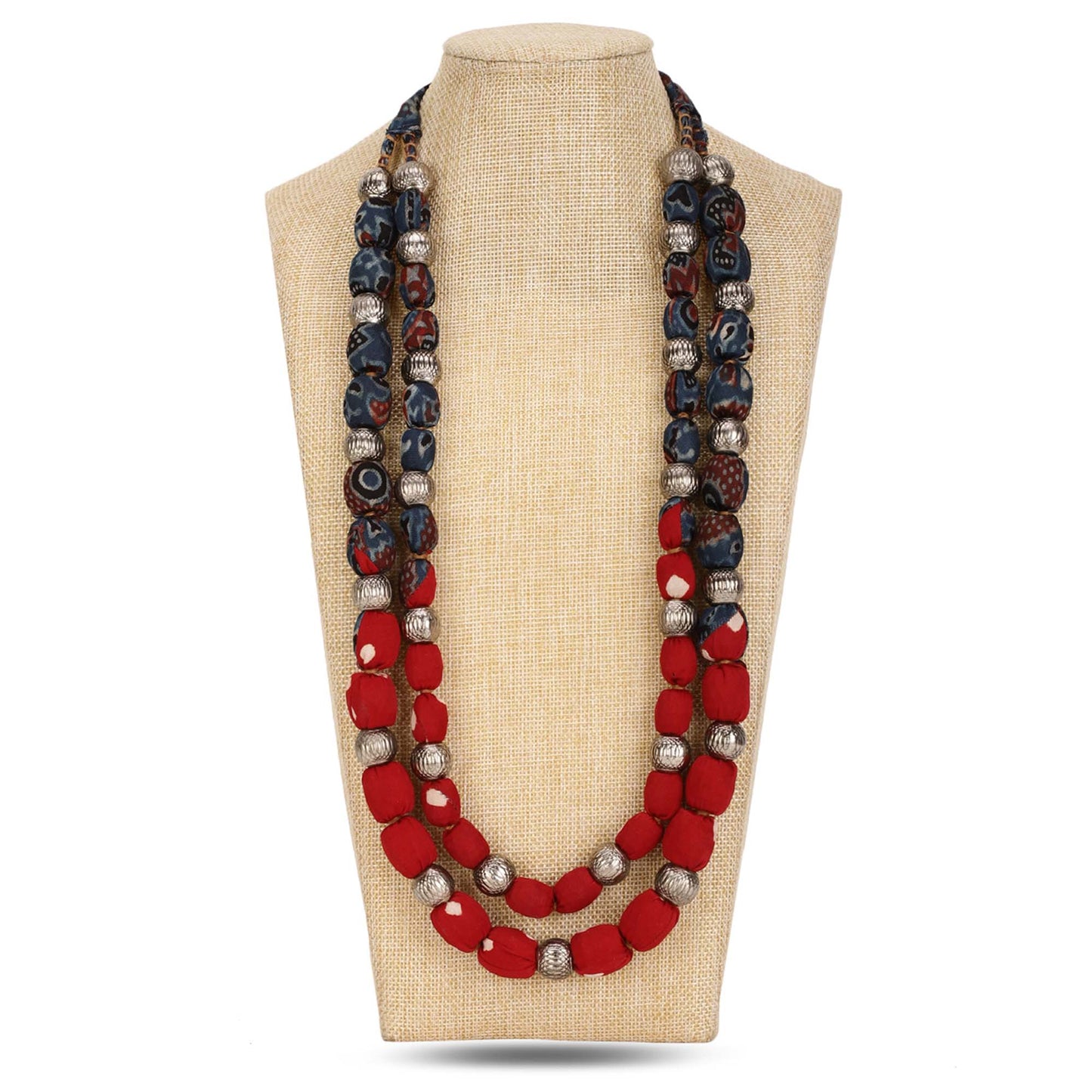 2 layer fabric beaded necklace in ajrakh & bandhni