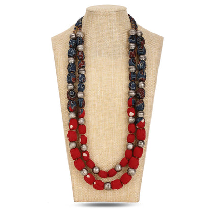 2 layer fabric beaded necklace in ajrakh & bandhni