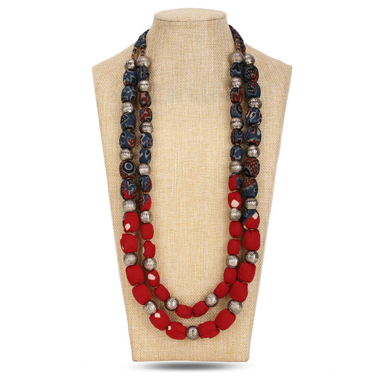 2 layer fabric beaded necklace in ajrakh & bandhni
