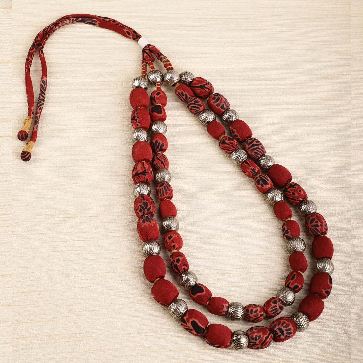 2 layer fabric beaded necklace in ajrakh