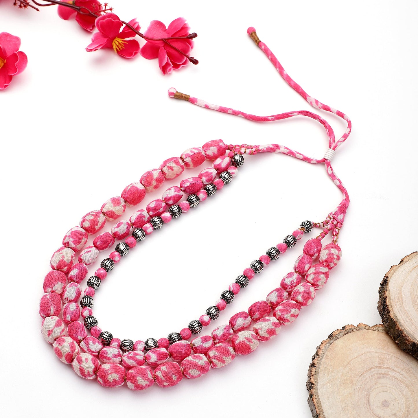 3 layer fabric beaded necklace in shibori