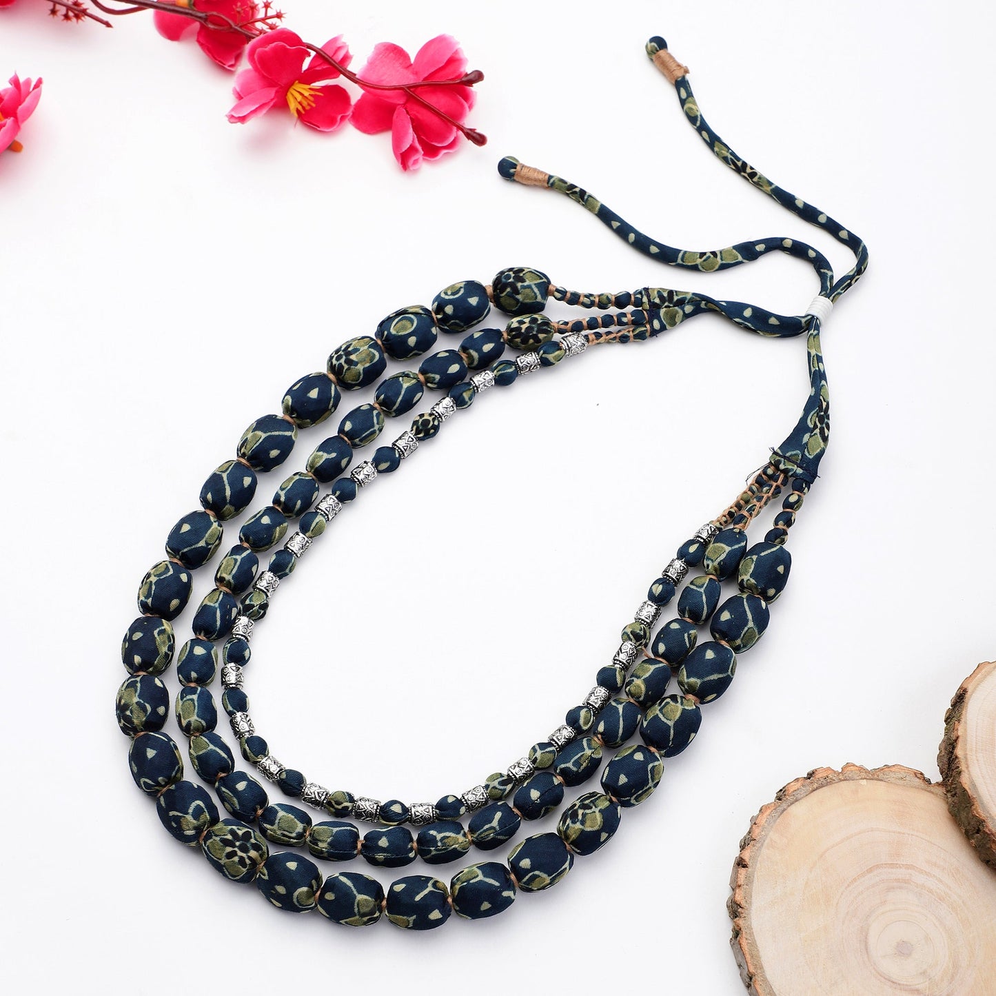 3 layer fabric beaded necklace in ajrakh silk