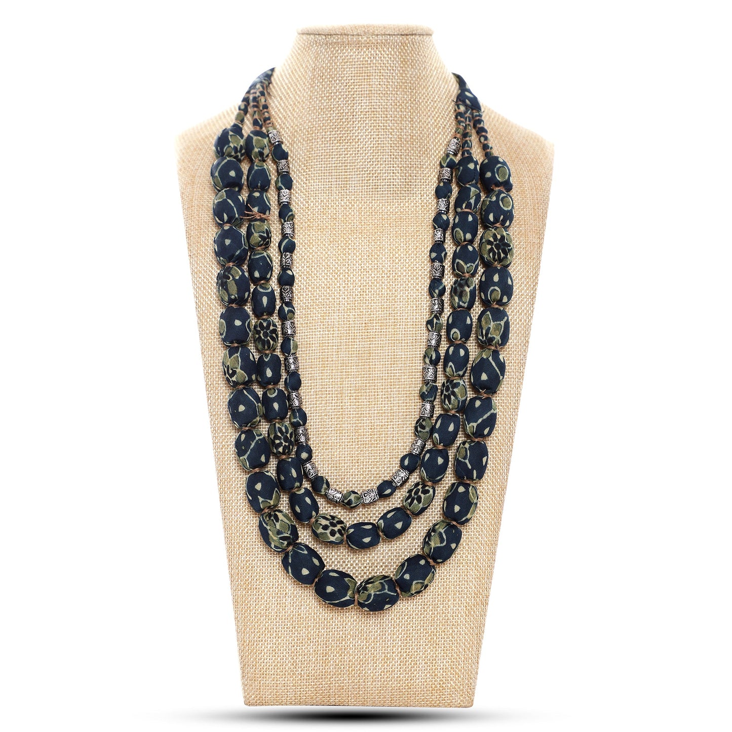 3 layer fabric beaded necklace in ajrakh silk