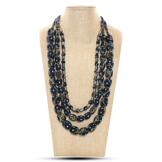 3 layer fabric beaded necklace in ajrakh silk