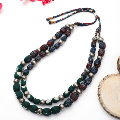 2 layer fabric beaded necklace in ajrakh silk