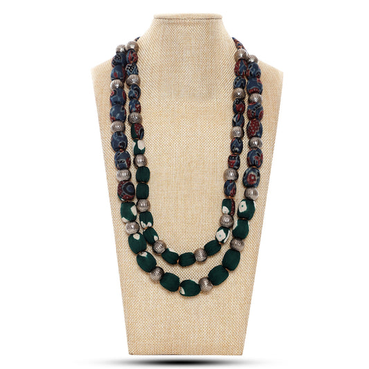 2 layer fabric beaded necklace in ajrakh silk