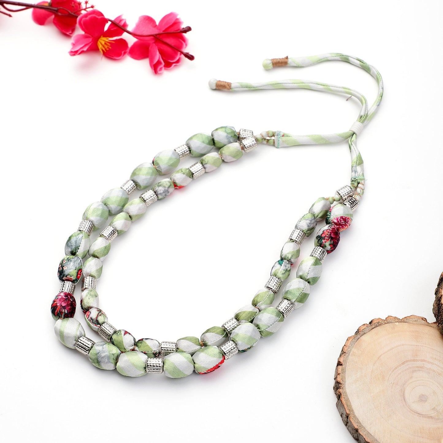 2 layer fabric beaded necklace in satin silk