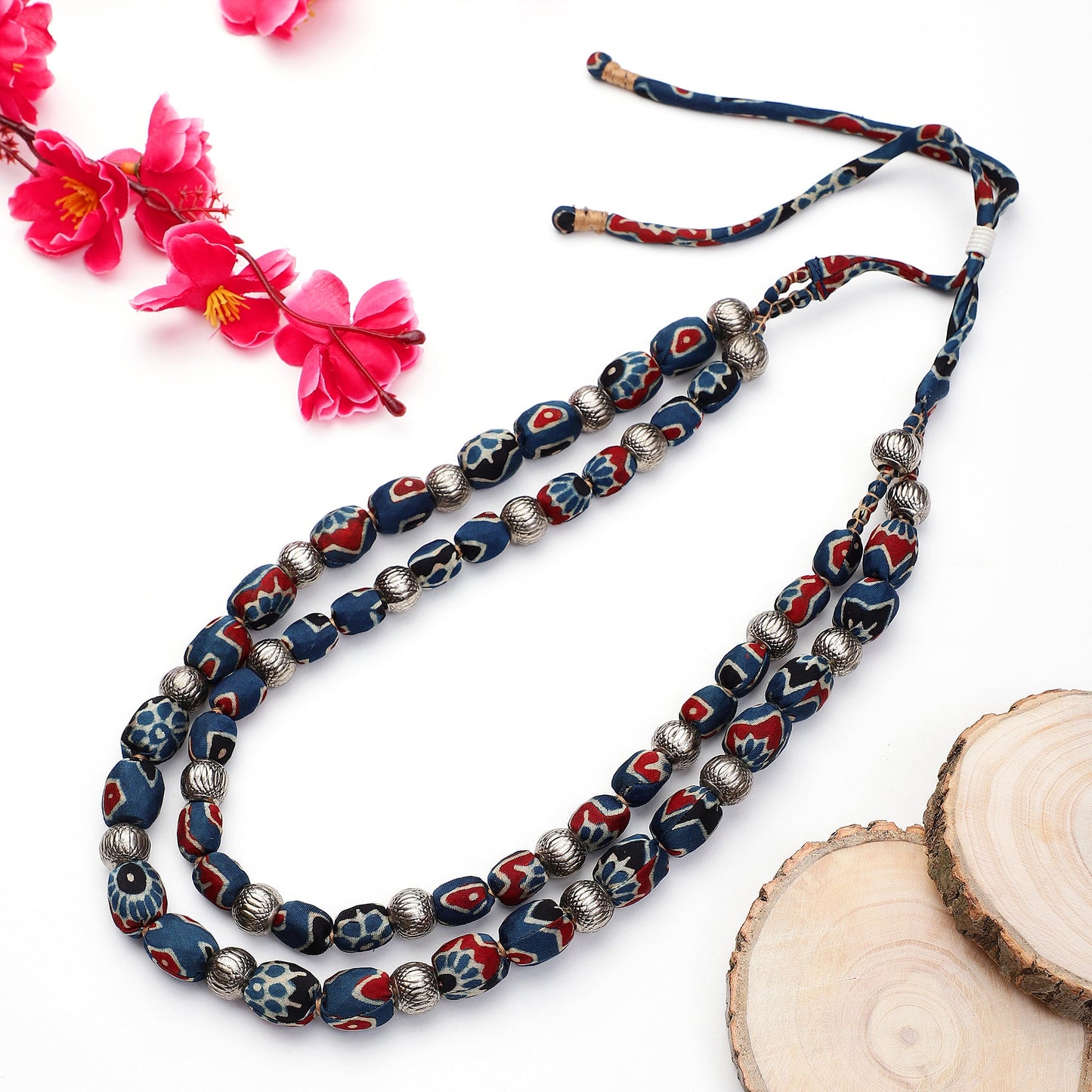 2 layer fabric beaded necklace in ajrakh silk