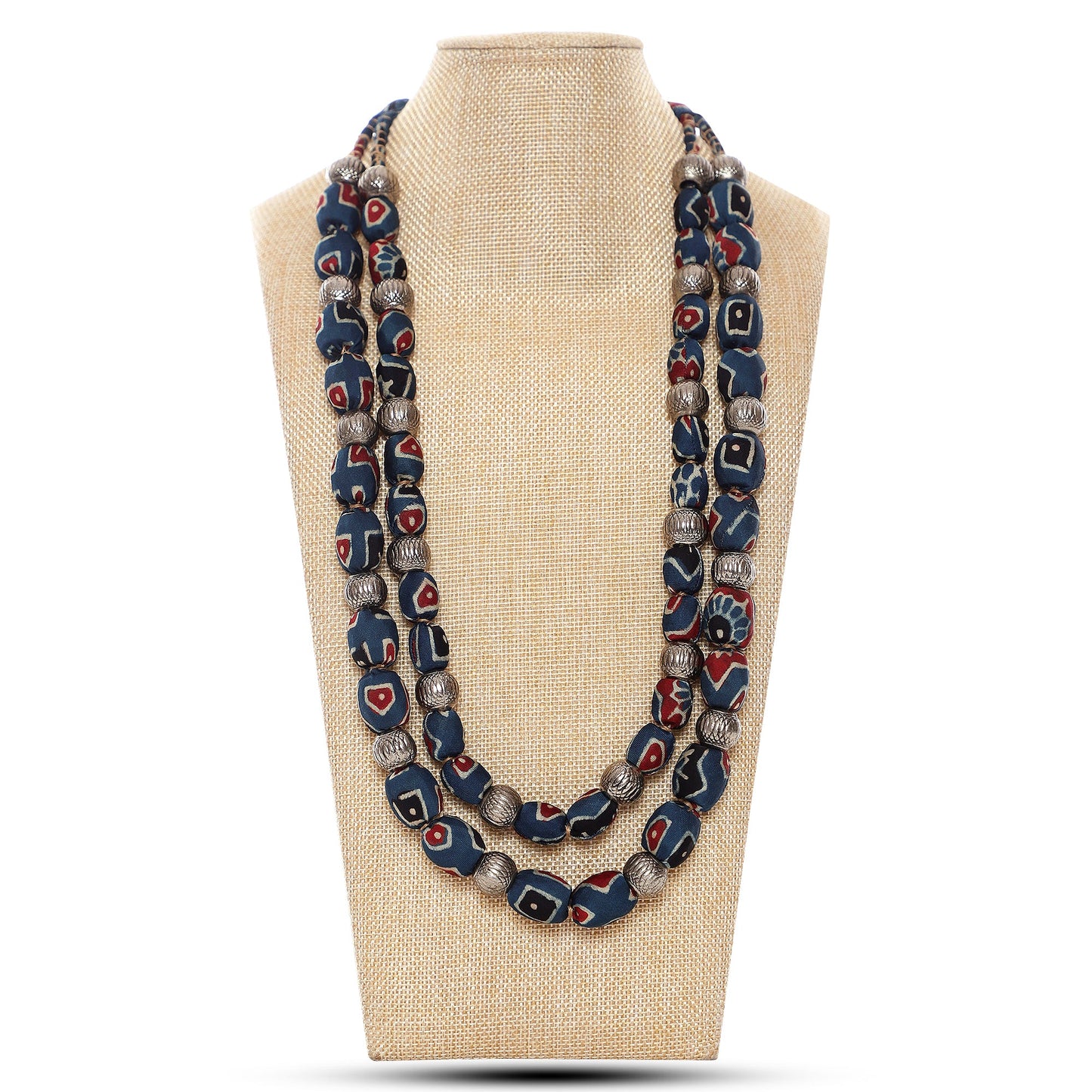 2 layer fabric beaded necklace in ajrakh silk