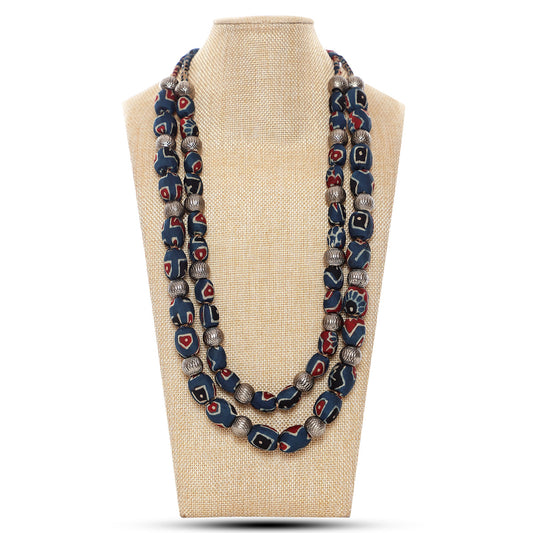 2 layer fabric beaded necklace in ajrakh silk