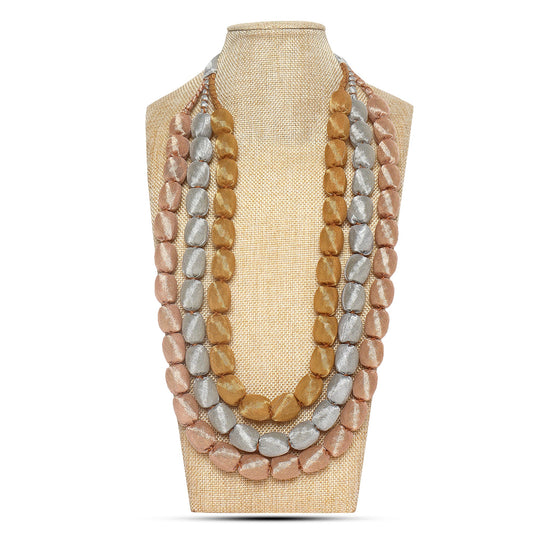 3 layer fabric beaded necklace in metallic tones