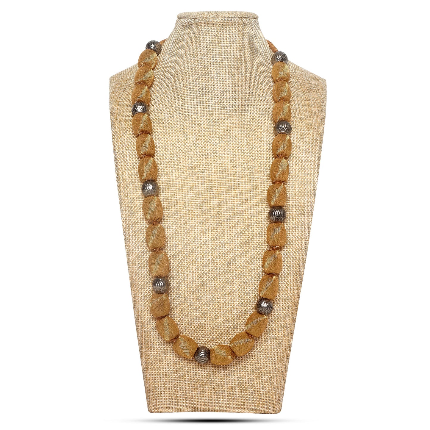 single layer fabric beaded necklace in metalic hues