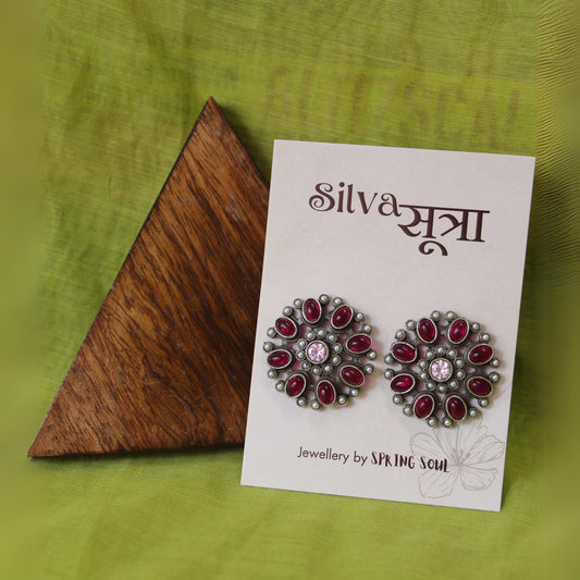 Silva Sutra Crimson Silver Flower Studs