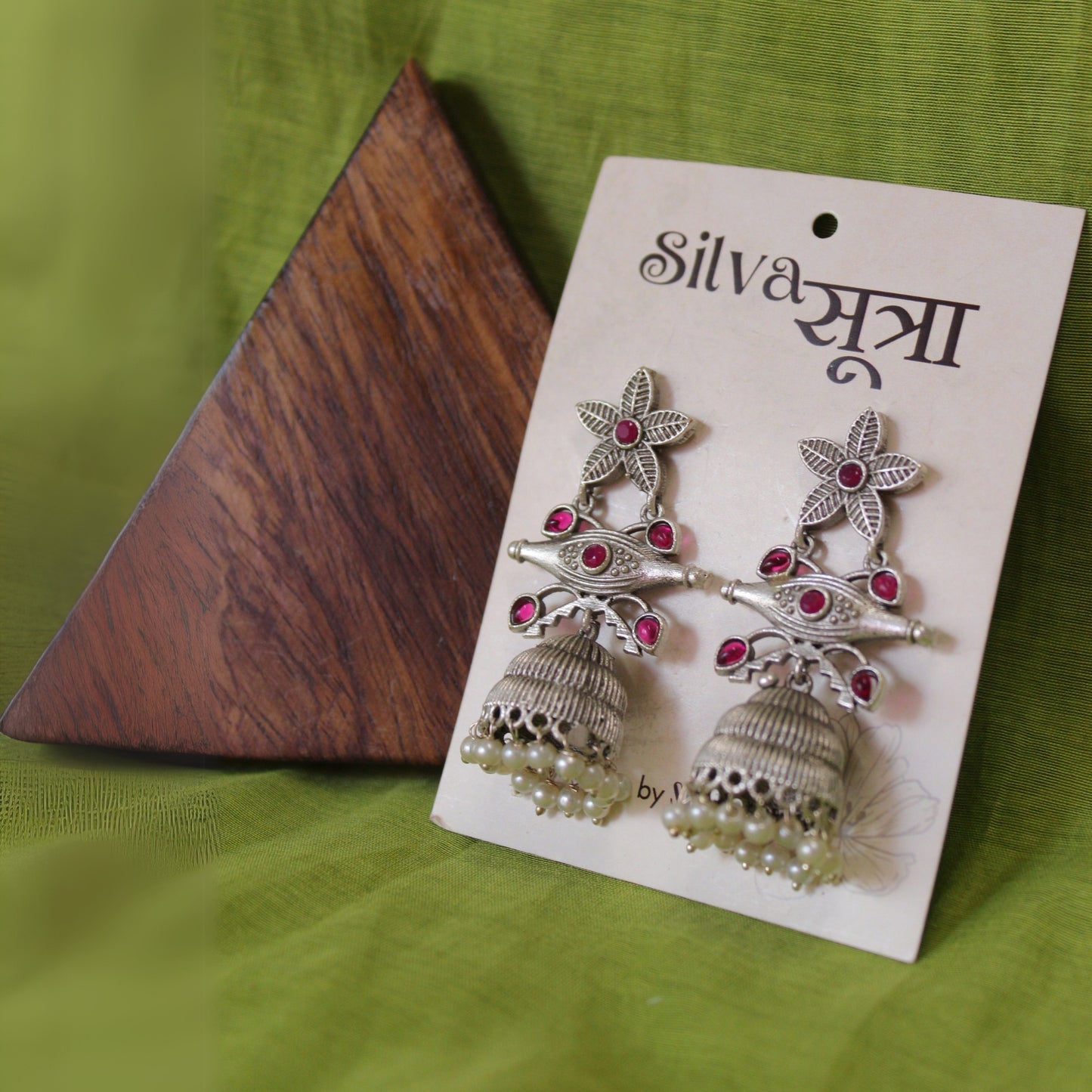 Silva Sutra Silver Floral Jhumka Pearls